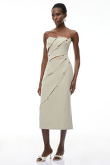 angela Asymmetrical Off Shoulder Midi Dress in Khaki