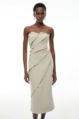 angela Asymmetrical Off Shoulder Midi Dress in Khaki