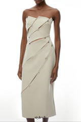 angela Asymmetrical Off Shoulder Midi Dress in Khaki
