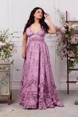 yvonne rhinestone embellished print layer maxi Dress in Lilac