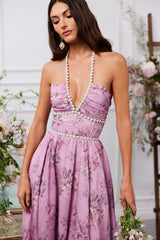 yvonne rhinestone embellished print layer maxi Dress in Lilac