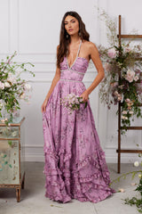 yvonne rhinestone embellished print layer maxi Dress in Lilac