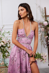 yvonne rhinestone embellished print layer maxi Dress in Lilac