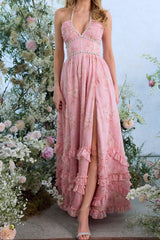yvonne rhinestone embellished print layer maxi Dress in Light Pink