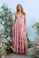 yvonne rhinestone embellished print layer maxi Dress in Light Pink