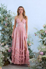 yvonne rhinestone embellished print layer maxi Dress in Light Pink