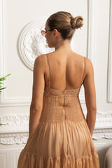 helen rhinestone beading pleated maxi dress -  beige