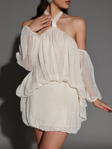 vivien Halter Neck Fluffy Mini Backless mini Dress in apricot