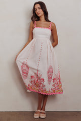 Blush Floral Print Back Tie-Up Midi Dress with Trim Band