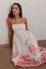 Blush Floral Print Back Tie-Up Midi Dress with Trim Band