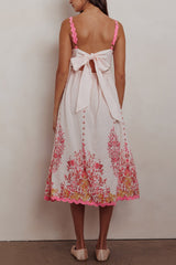 Blush Floral Print Back Tie-Up Midi Dress with Trim Band