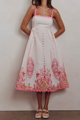 Blush Floral Print Back Tie-Up Midi Dress with Trim Band