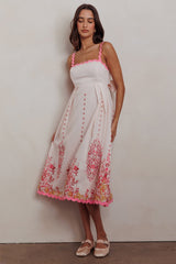 Blush Floral Print Back Tie-Up Midi Dress with Trim Band