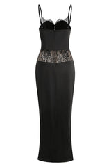 Satin Lace-Trimmed Slit Slip Maxi Dress in Black