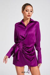 tiffany ruched satin shirt mini dress - purple