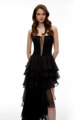 sophia Cut-Out Tulle layer strapless Maxi Dress in Black