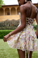 Printed-layer halter neck beaded mini dress - yellow