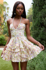 Printed-layer halter neck beaded mini dress - yellow
