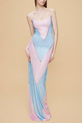 simona fully rhinestoned bodycon maxi dress - blue & pink