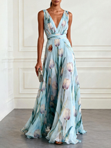 v-neck Tulip Print Chiffon Maxi Dress - blue