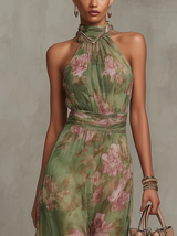 polly Green Floral Chiffon Halter Maxi Dress