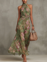 polly Green Floral Chiffon Halter Maxi Dress