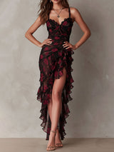 Black And Red Floral Ruched Ruffle Hem Dress