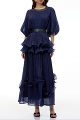 lorraine navy Blue Embellished Pleated Maxi Dress