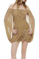 Zhuria Off Shoulder Draped Mini Dress - Khaki