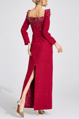 lynn Square neck beaded rhinestone maxi dress - Burgundy