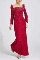 lynn Square neck beaded rhinestone maxi dress - Burgundy