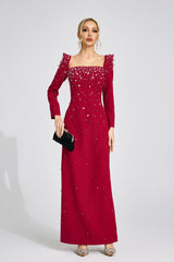 lynn Square neck beaded rhinestone maxi dress - Burgundy