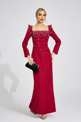 lynn Square neck beaded rhinestone maxi dress - Burgundy