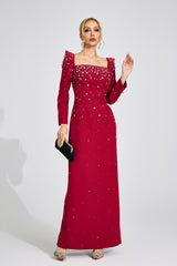 lynn Square neck beaded rhinestone maxi dress - Burgundy