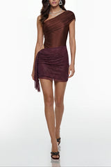 elvira One-Shoulder Cut-Out Rhinestone Mini Dress in Brown