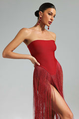 helen Bodysuit Fringe Strapless mini Dress in red