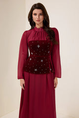 caroline Rhinestone Velvet Splicing Maxi Dress - burgundy