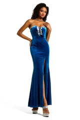 Sequin Velvet Sleeveless Split Maxi Dress - blue