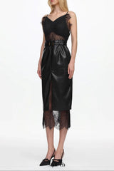 julia black V Neck Sleeveless Lace Faux Leather Midi Dress