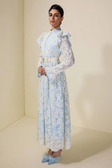 alma Chiffon Embroidered Single Breasted Midi Dress With Belt - blue