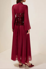 caroline Rhinestone Velvet Splicing Maxi Dress - burgundy