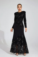 joanna Black long sleeve Embroidered Maxi Dress