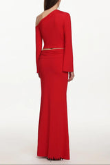 vicky metal flower Asymmetrical Long Sleeve Top skirt set - red