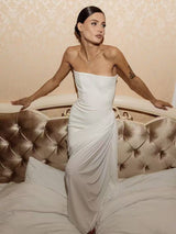Wanda White Strapless Ruched Asymmetrical Midi Dress