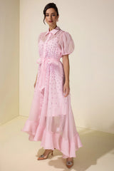 sylvia Rhinestone Puff Sleeve Maxi Dress With Belt - pink