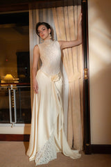 giselle flower embellished sleeveless lace maxi dress  in white