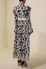 alma Chiffon Embroidered Single Breasted Midi Dress With Belt - black