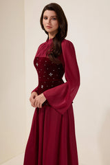 caroline Rhinestone Velvet Splicing Maxi Dress - burgundy