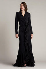 joyce black Ruffled Gathered high slit Knit Midi Dress