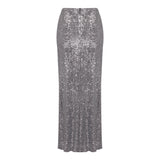 ELVIRA FLORAL-APPLIQUÉ SEQUINED MAXI SKIRT IN SLIVER